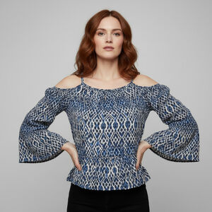 Beachlunchlounge Blue White Ikat Cold Shoulder Blouse Size S (18.5” PTP)